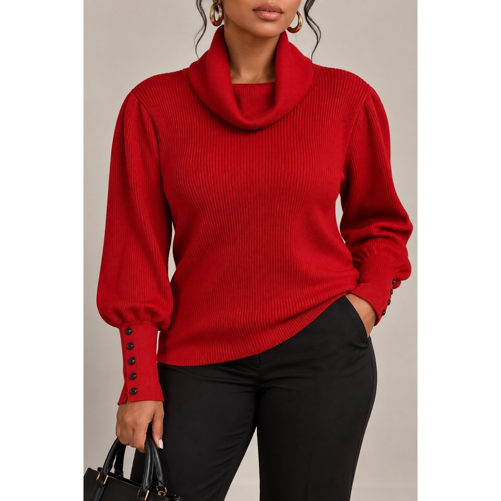 XL 202 Karl Lagerfeld Paris NWT Red Ribbed Cowl Neck Sweater Puff Sleeve Button